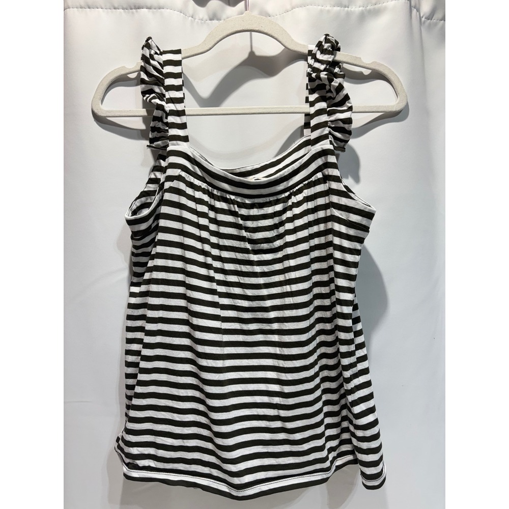 Michael Kors Tank Top Womens Small Black White Striped Ruffle Strap Cotton Modal